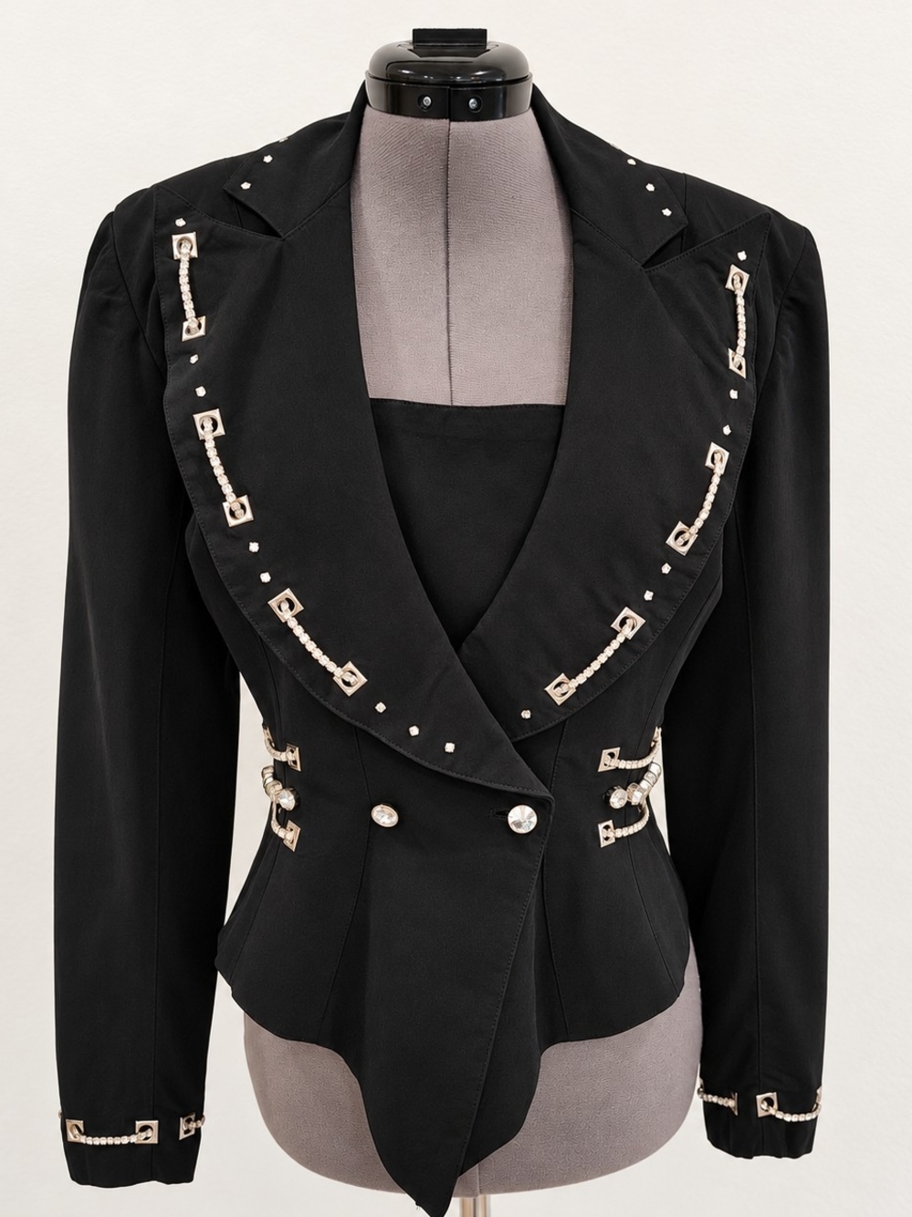 Vintage Caché Black Rhinestone Chain Statement Blazer 90s Y2K